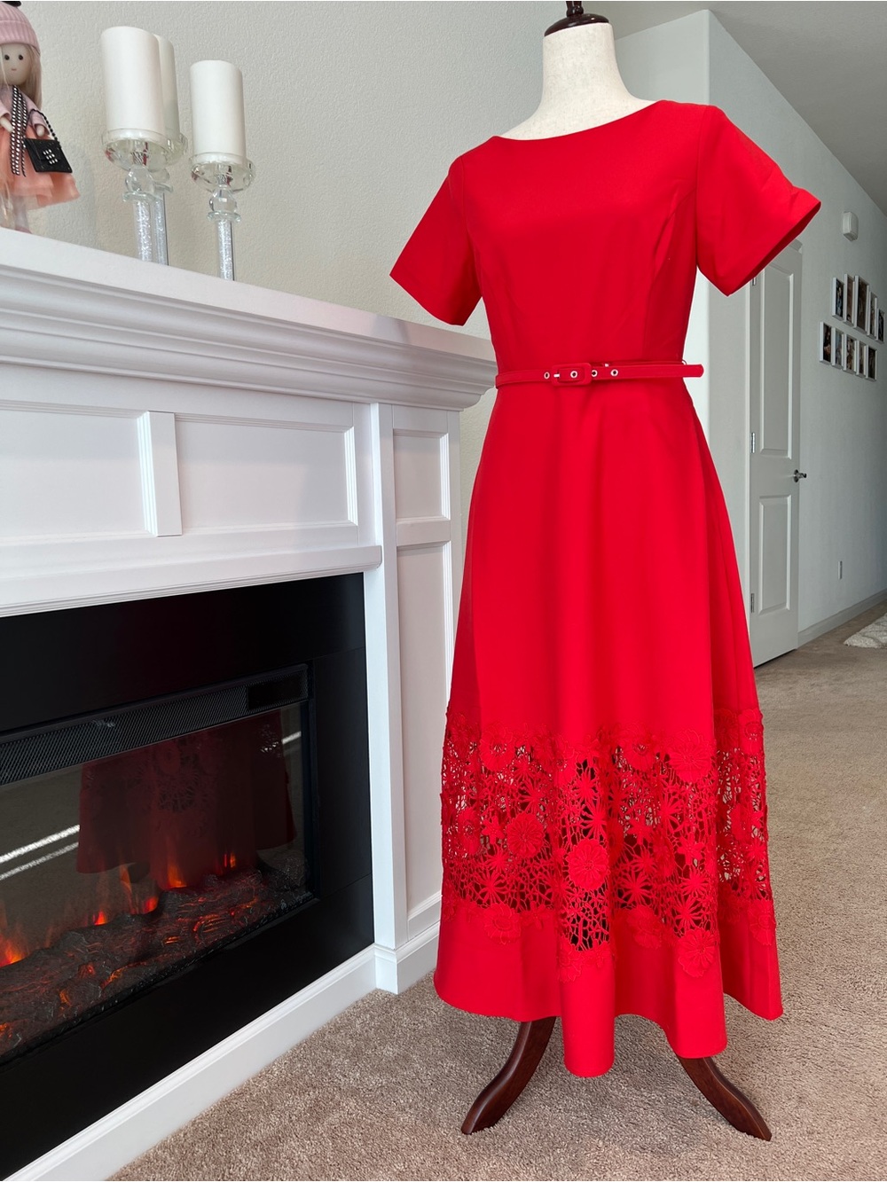 Mac Duggal Red Laser-Cut Maxi Dress with Slim Belt